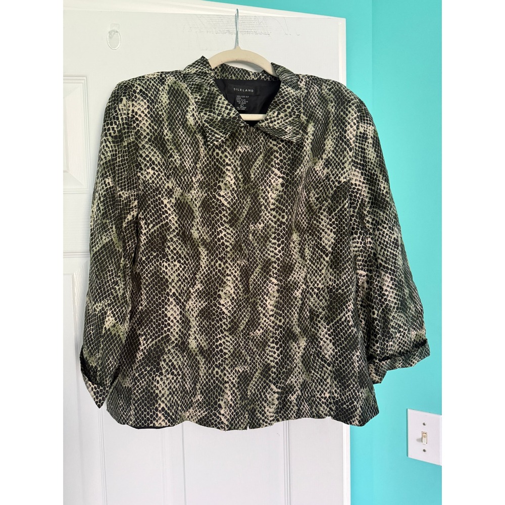 Silkland Womens 100% Pure Silk Snakeskin Print Jacket Green Black Size L
